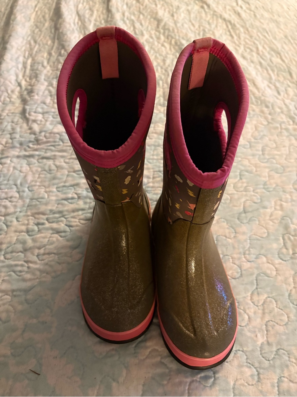 Bogs Glitter Kids Rain Boots with Pink Accents and Confetti Speckles